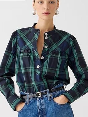 J. Crew Fresco Black Tartan Plaid Ruffle-Neck Blouse with Jewel Buttons Size S